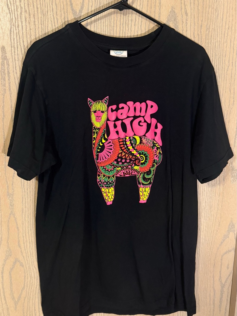 Black Short-Sleeve Graphic Tee with Neon Llama 'Camp High'